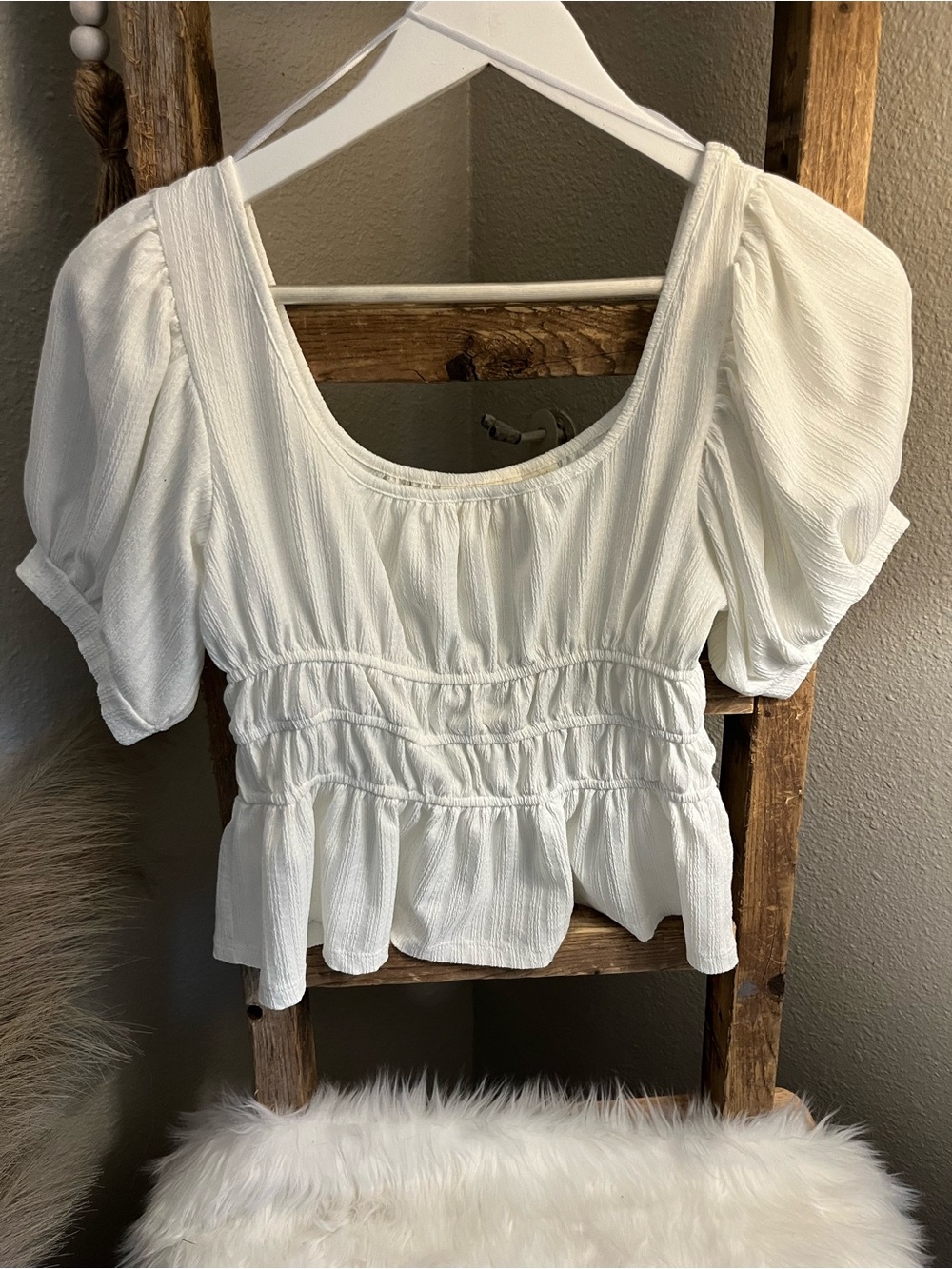 Maeve anthropology White Puff Sleeve Smocked Peplum Top